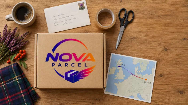 Karton Nova Parcel, taśma i mapa z trasą ze Szkocji do Polski